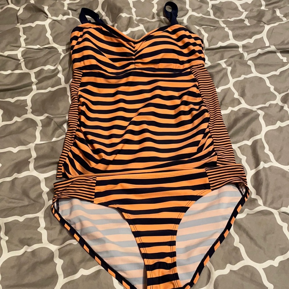 Motherhood Maternity Orange and Black Striped Swimsuit